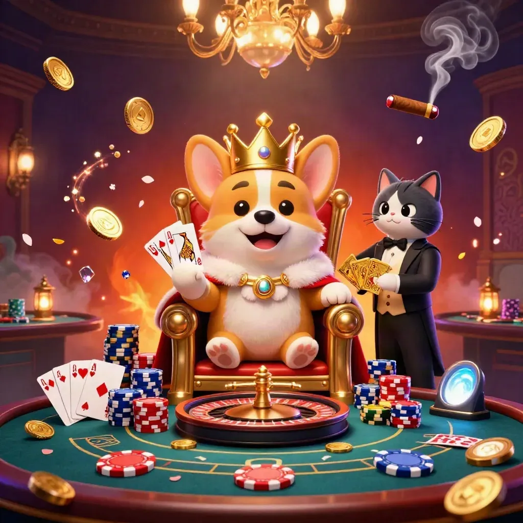Royal corgi and cat butler amid casino glow, coins, gems, roulette wheel, and smoke.