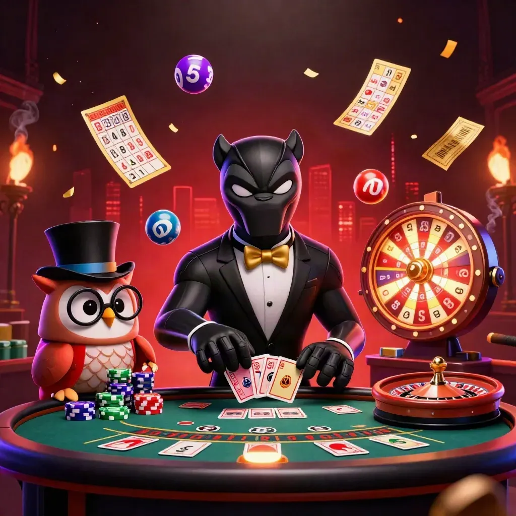 Cartoon panther, owl, and mouse in a luxe casino room with glowing game props and brass light.