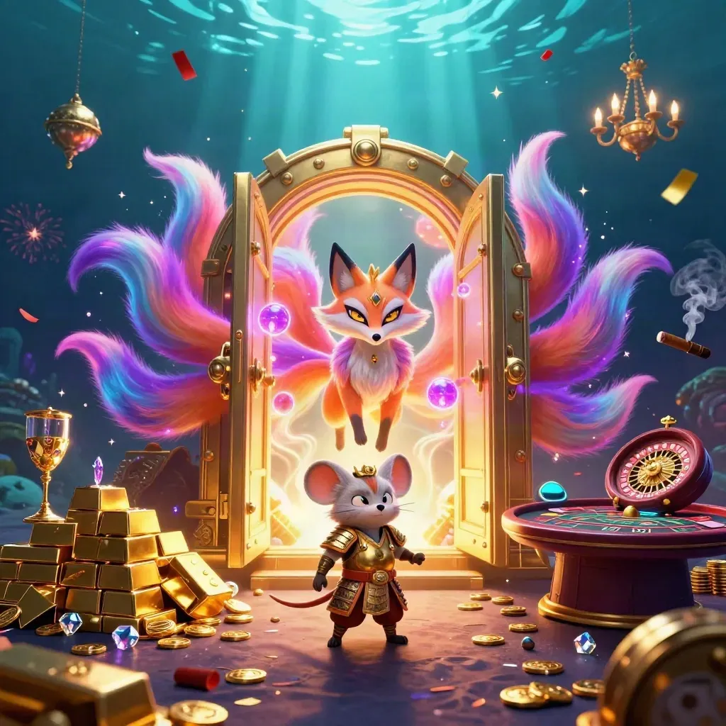 Neon fox spirit and samurai mouse amid vault gold, roulette spin, confetti, and casino glow