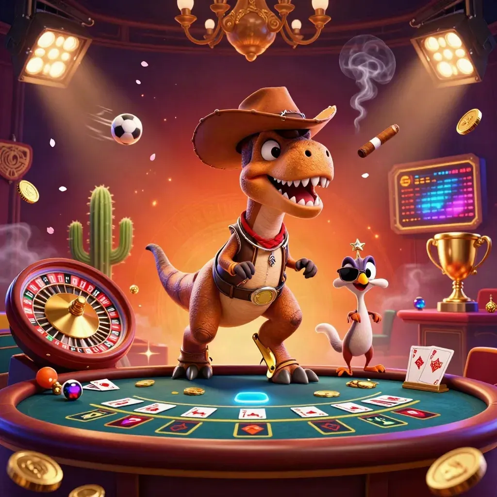 Cowboy T-Rex casino posse with cactus and roadrunner, flying balls, roulette glow, ember-lit luxury.