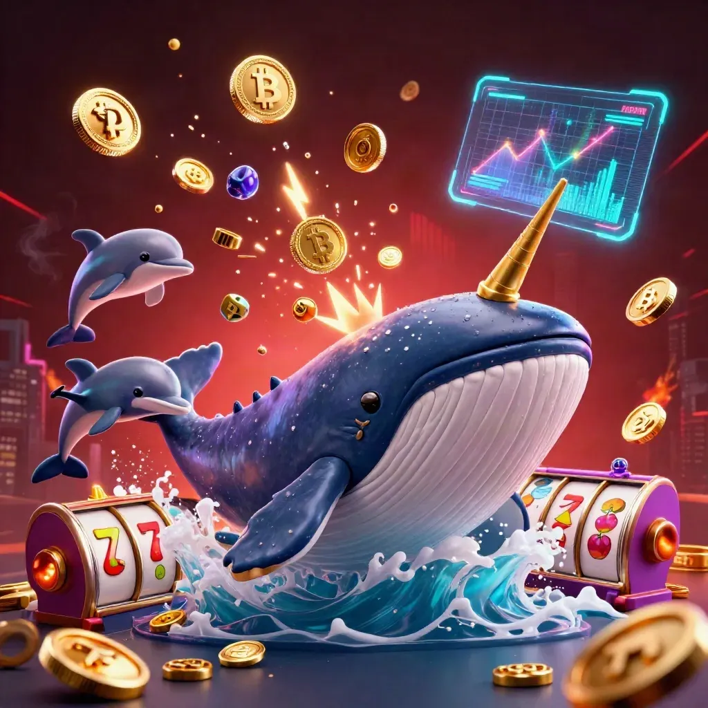 Captain whale, narwhal and dolphins burst from coins with neon crypto effects.