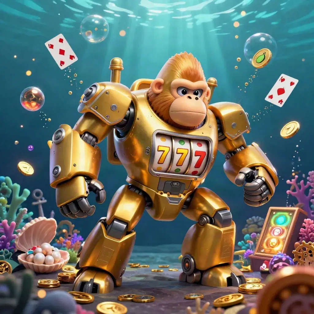 Golden gorilla mech and tiny monkey pilot burst through an underwater treasure cove of coins and gems.