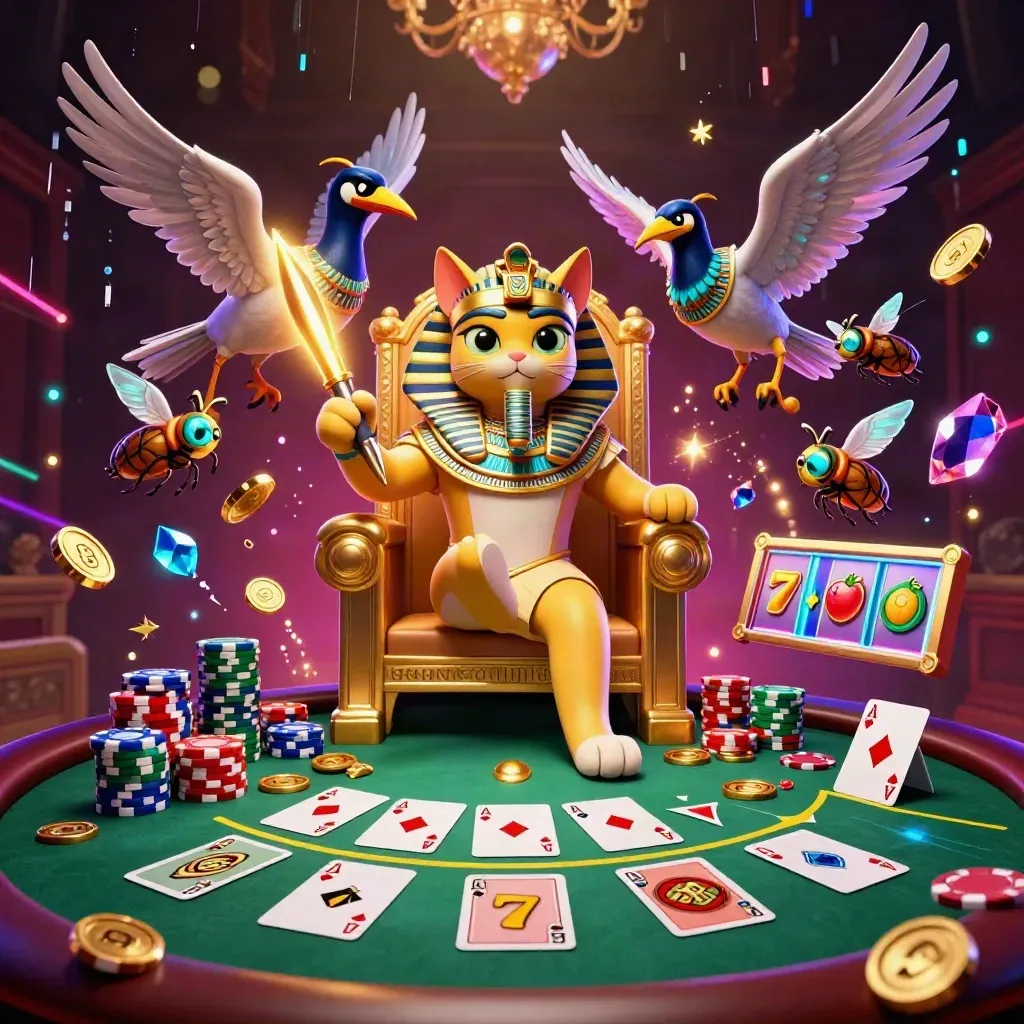 Pharaoh cat, ibis scribe and gem-winged scarabs amid casino chips, cards and neon energy.