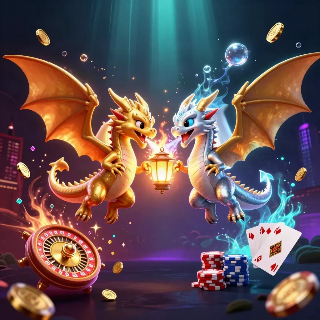 Twin gold and silver dragons spiral with coins, gems, cards, chips, and a lantern spirit.