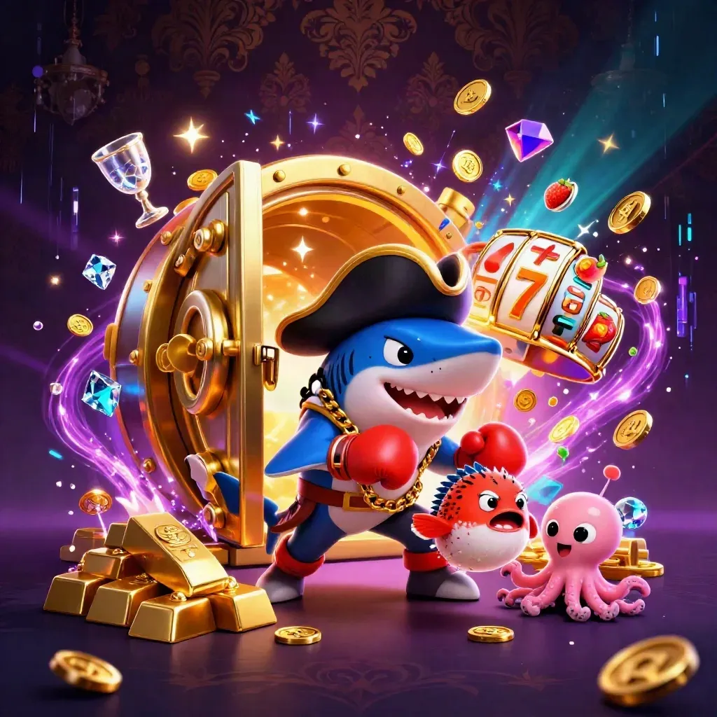Pirate shark, boxing pufferfish, and coin-juggling octopus burst from a golden vault in neon casino glow.
