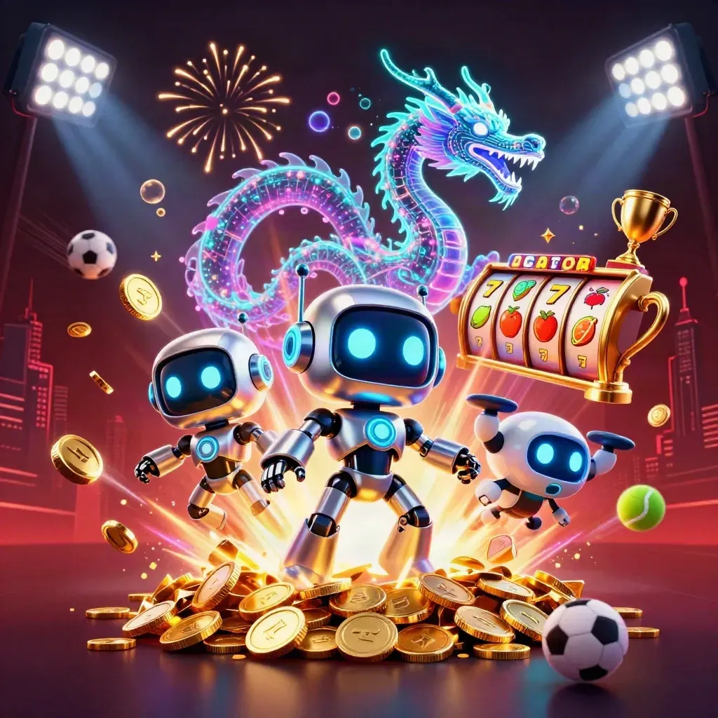 Robot, holographic dragon and coin drone burst amid gold coins, slots and fireworks.
