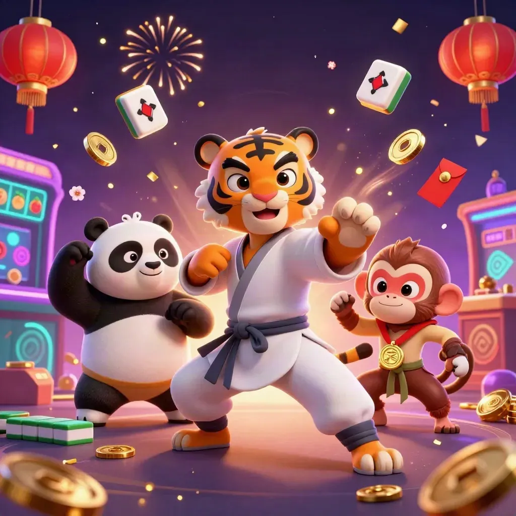 Tiger, panda, and monkey amid coins, fireworks, lanterns, and casino loot in a glossy neon scene.
