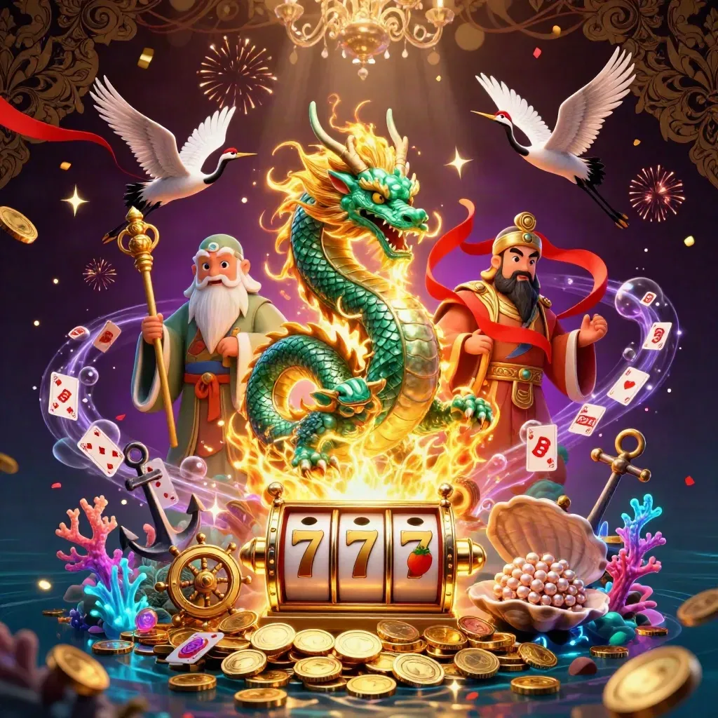 Emerald dragon, turtle sage, and cranes amid a treasure cove of coins, coral, and fireworks.