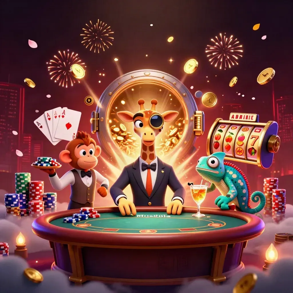 Giraffe, monkey, and chameleon at a casino table amid coins, chips, fireworks, and glowing reels