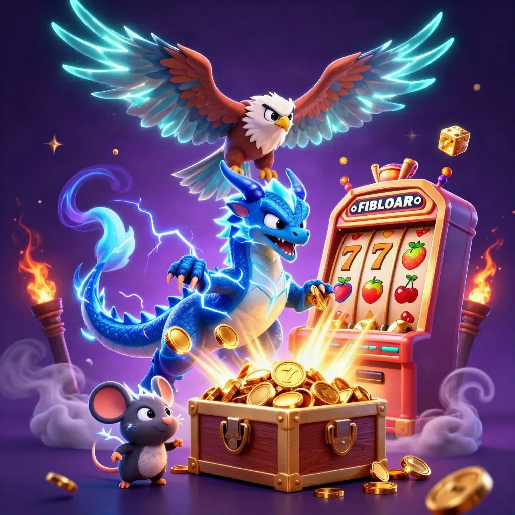 Thunder dragon, wind hawk and static mouse amid vault burst, coins, slots and fireworks.