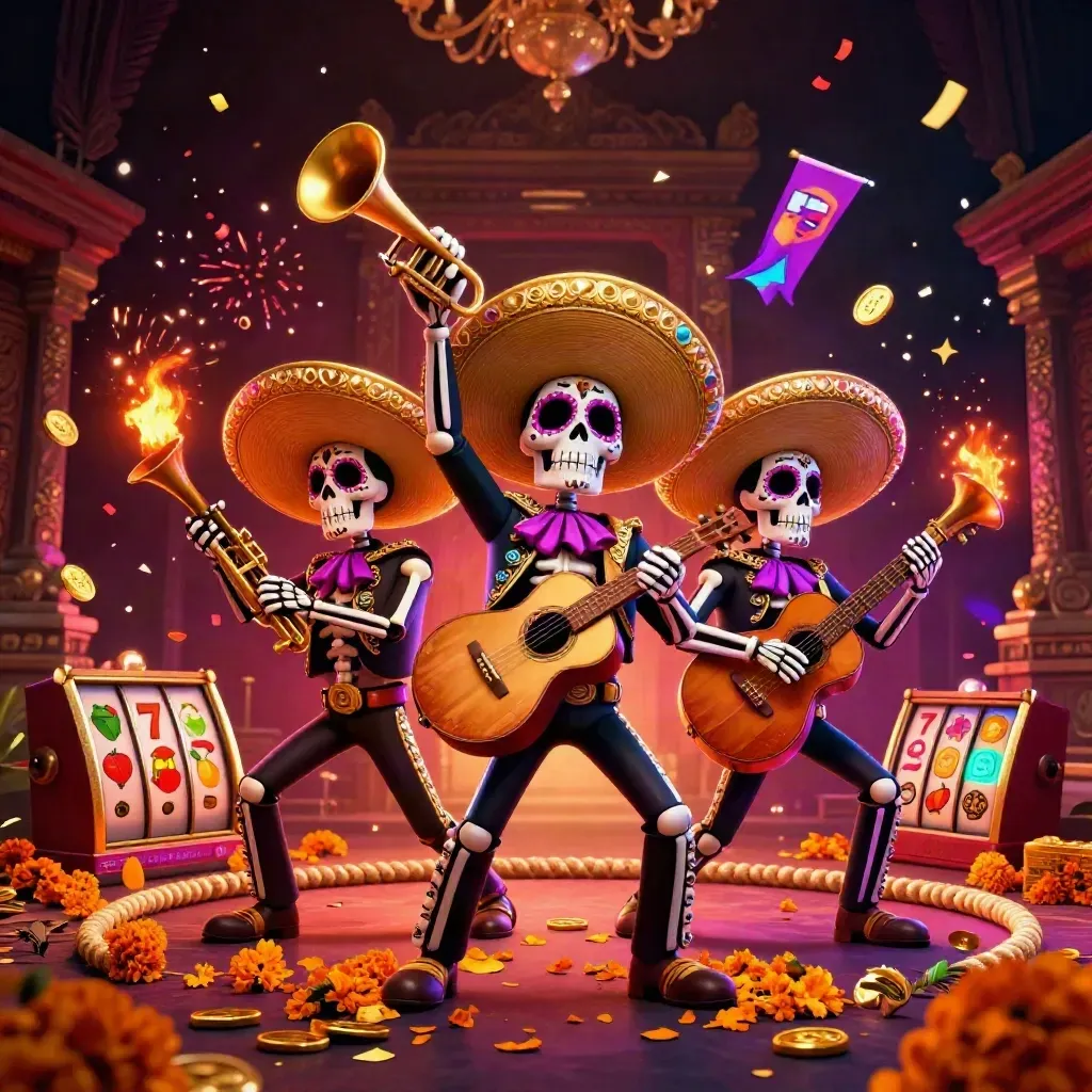 Day-of-the-Dead skeleton mariachi trio in casino glow with coins, temple gate, and fireworks