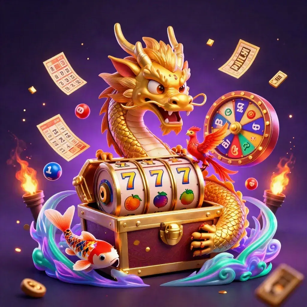 Golden dragon with phoenix, koi, slot symbols and casino effects on a purple neon background.