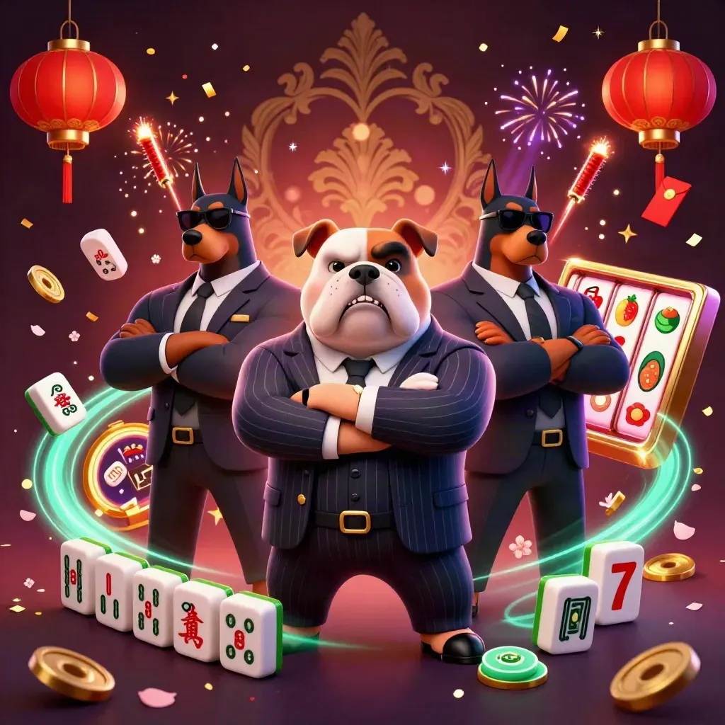 Bulldog casino boss with two Dobermans amid jade coins, lanterns, fireworks, and gold confetti
