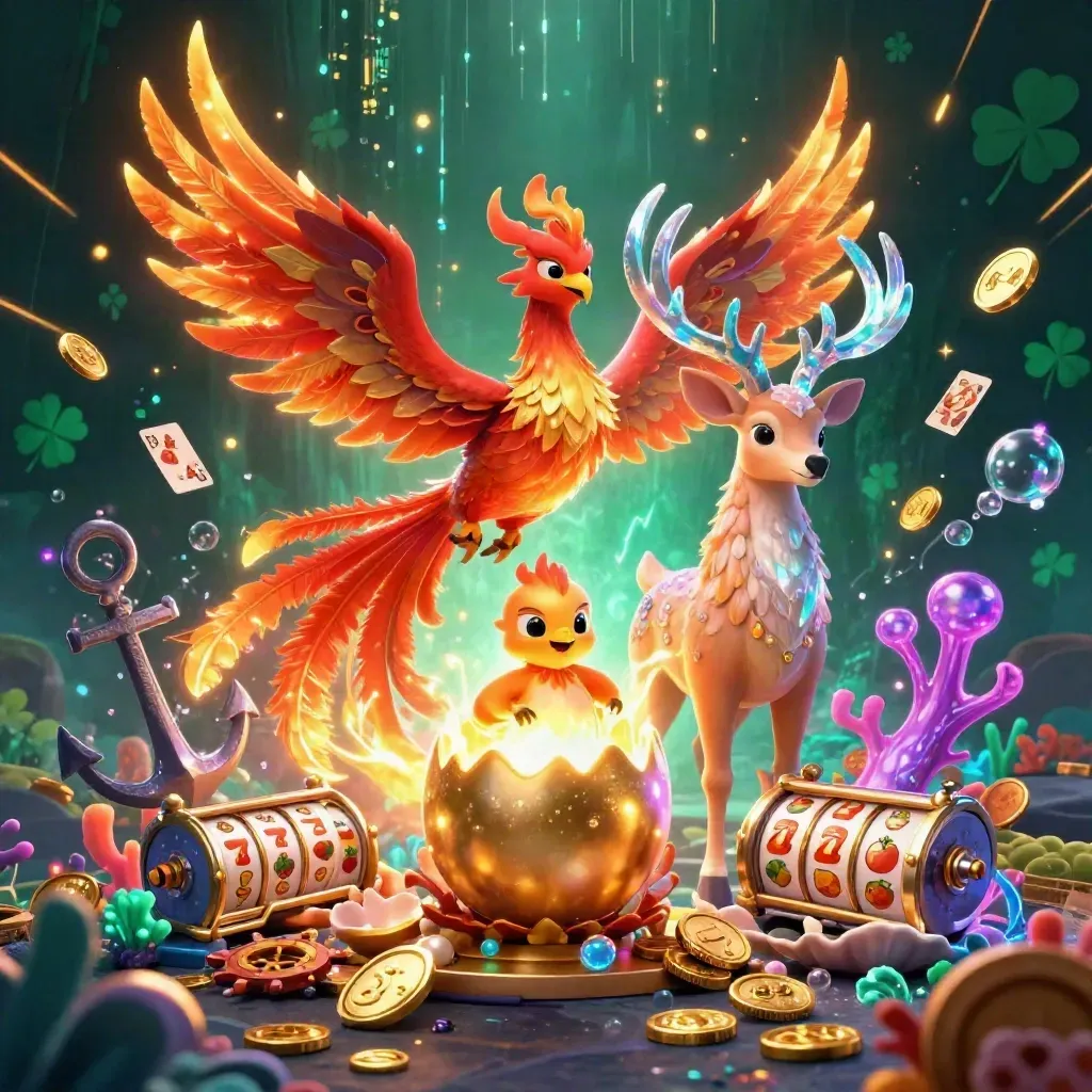 Phoenix, hatchling and crystal stag amid casino treasure, neon teal glow, dark emerald backdrop.