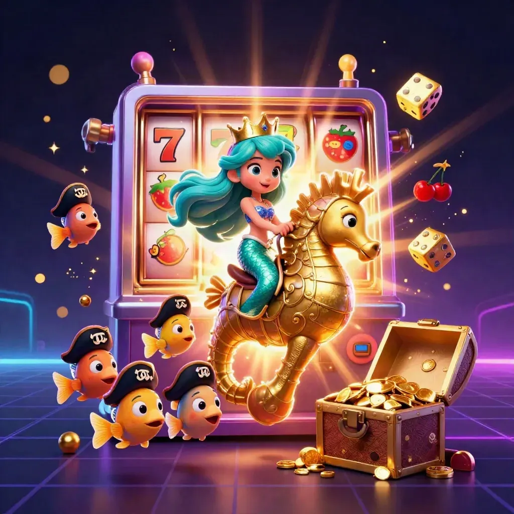 Mermaid princess on armored seahorse amid slot symbols, gold, and neon casino glow.