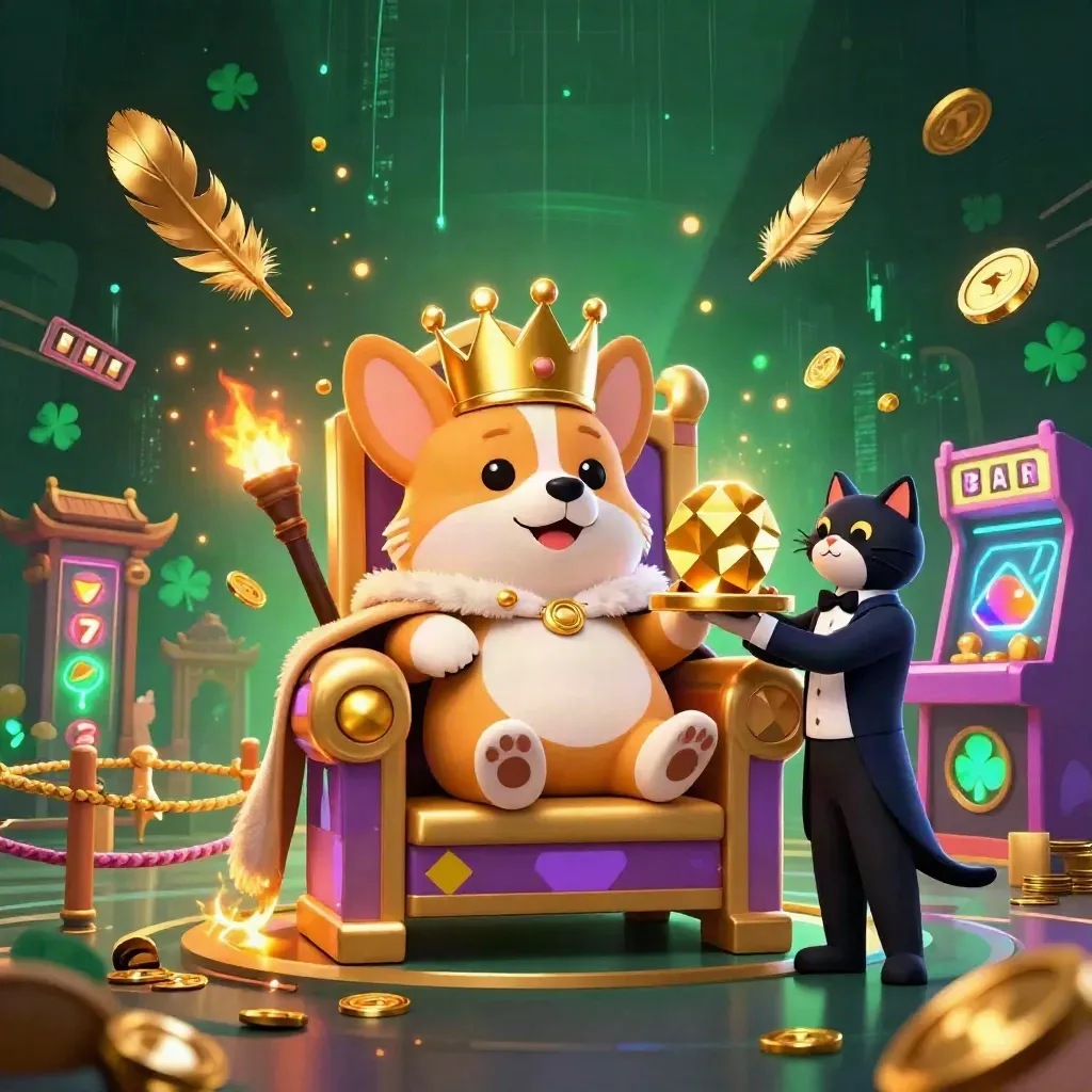 Royal corgi on chip throne with cat butler, casino sparks, reels and neon temple glow.