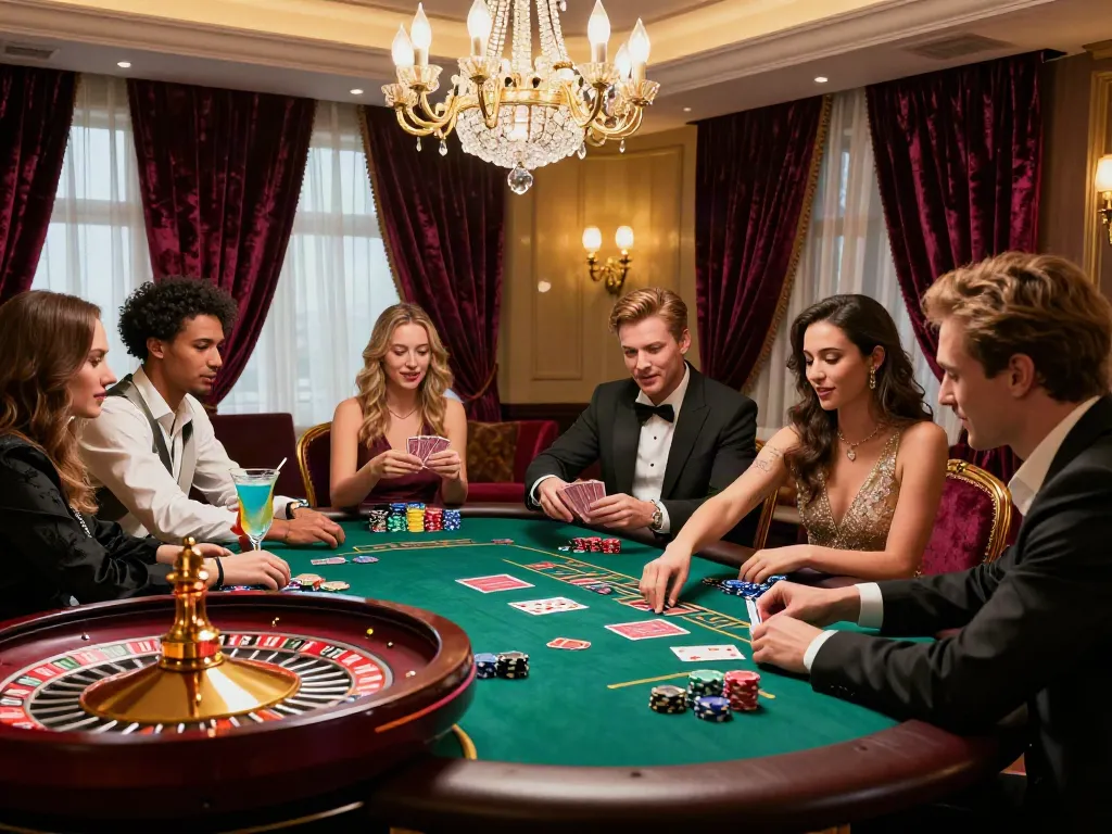 Friends enjoying a lively game night at a luxurious casino, showcasing casinos not on gamstop uk.
