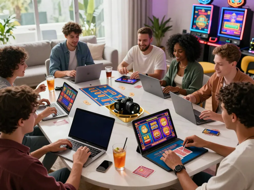 Friends enjoying casinos not on gamstop uk at home with vibrant screens and games.