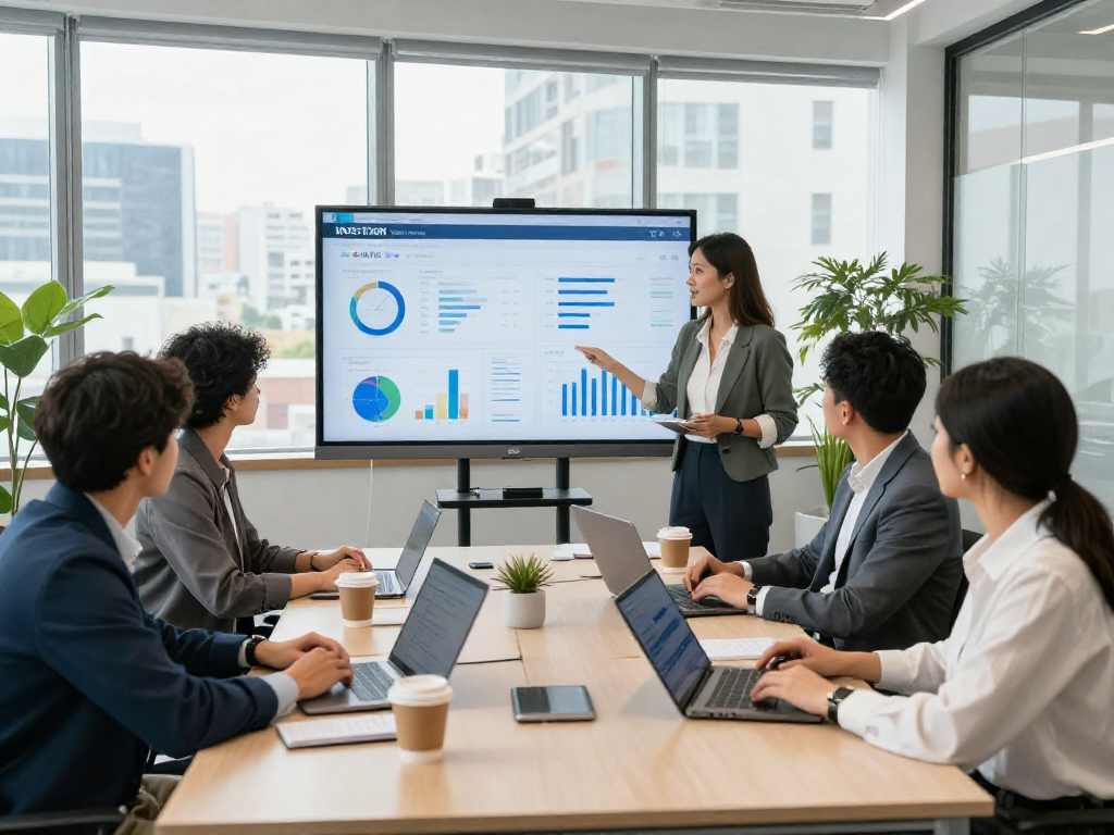 IDXSTAR analytics presentation in a modern office meeting with a diverse team of professionals collaborating.