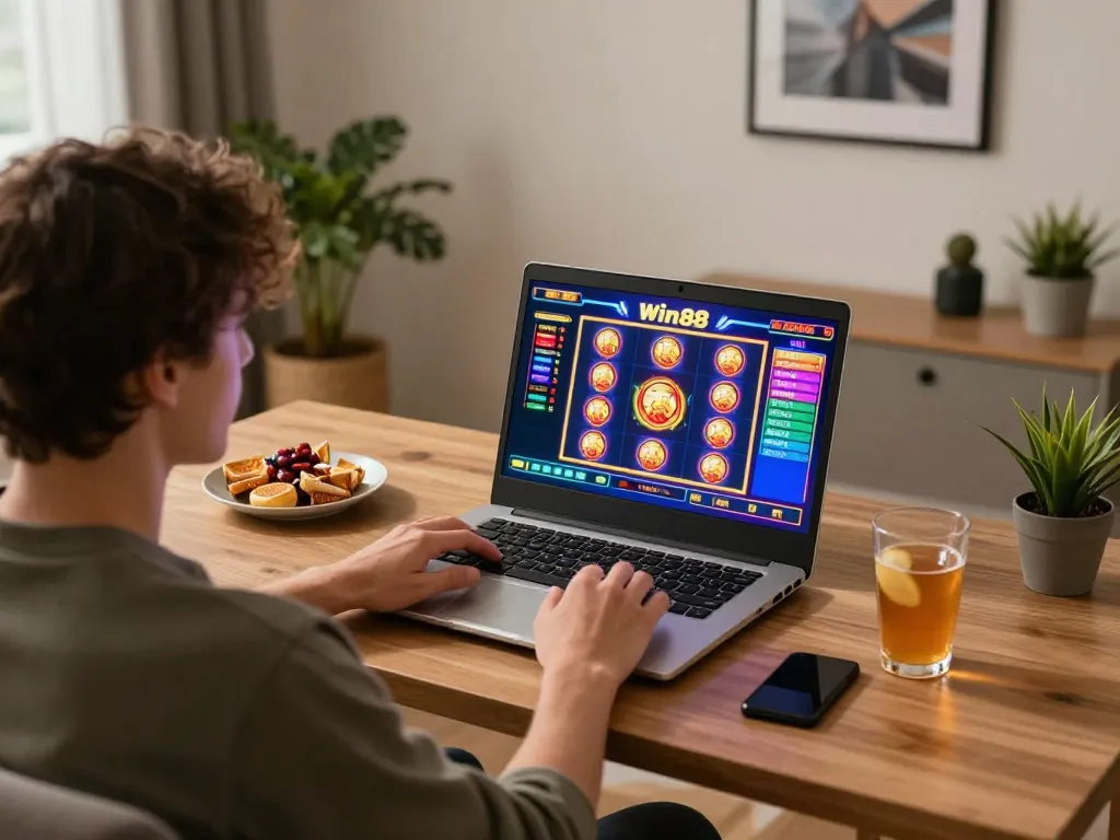 Engaging in Win88 online gaming at home with vibrant slot game interface visible on laptop.