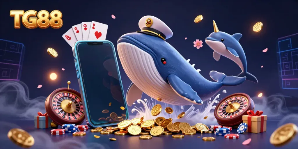 Experience TG88's vibrant online casino world with playful whales and dolphins enveloped in golden coins.