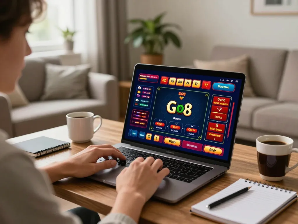 Engaged player exploring Go8 casino games on laptop from cozy home setting, enhancing online gaming experience.