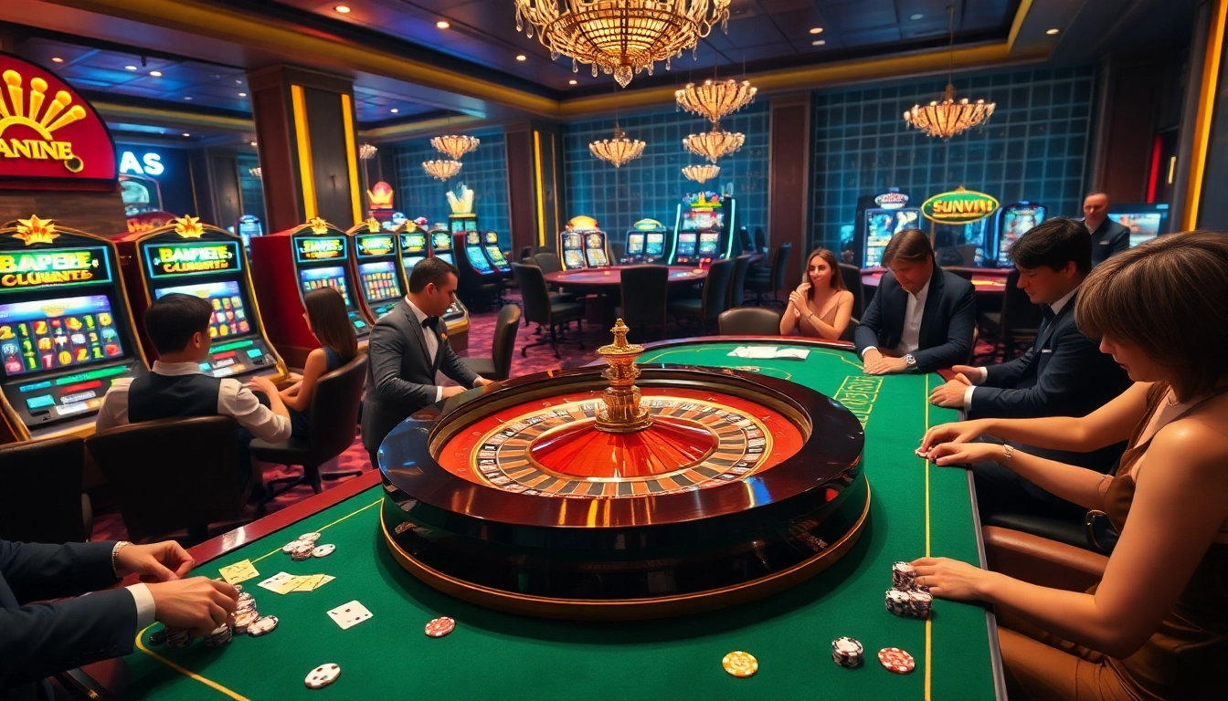 Exciting casino atmosphere with roulette and poker elements, highlighting sunwin.loans in a luxurious setting.