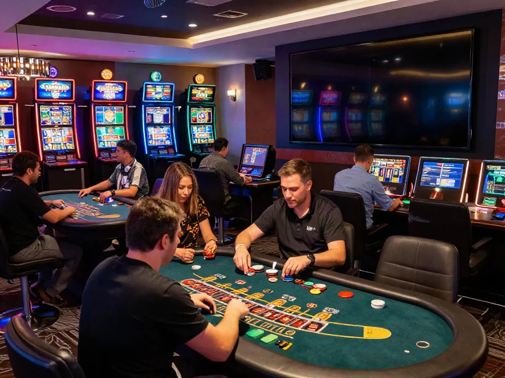 Engaging casino gaming atmosphere featuring diverse players and vibrant gaming tables at casinos not on gamstop UK.