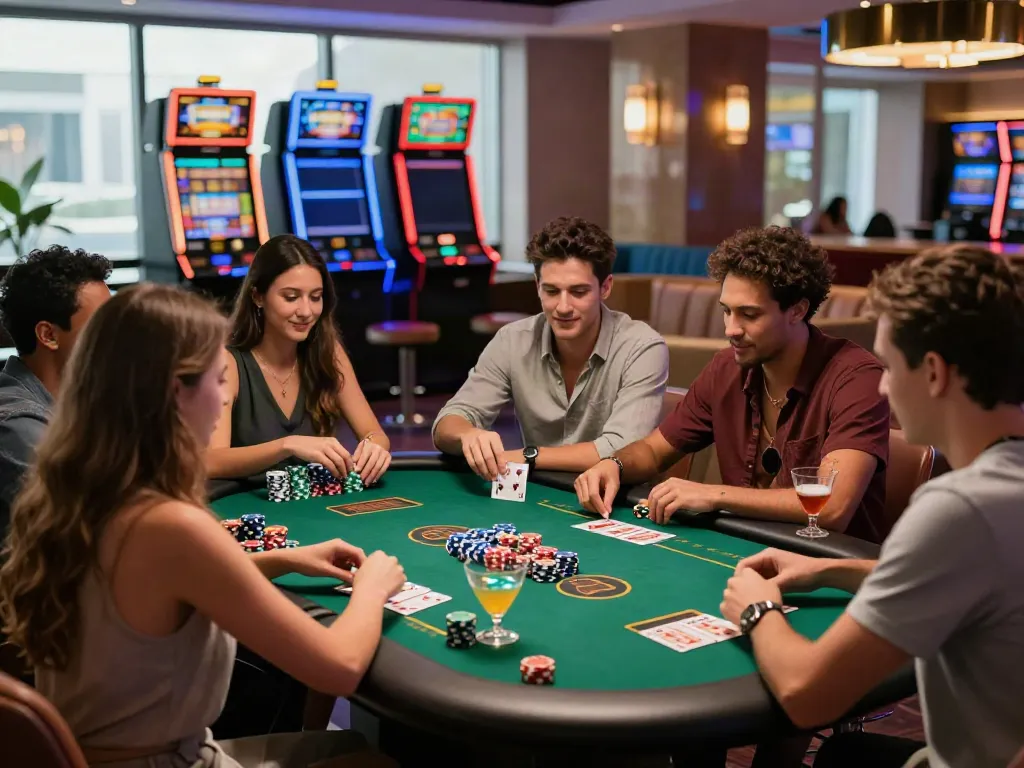 Friends enjoying a lively game at casinos not on gamstop uk, surrounded by chips and cocktails in a vibrant lounge