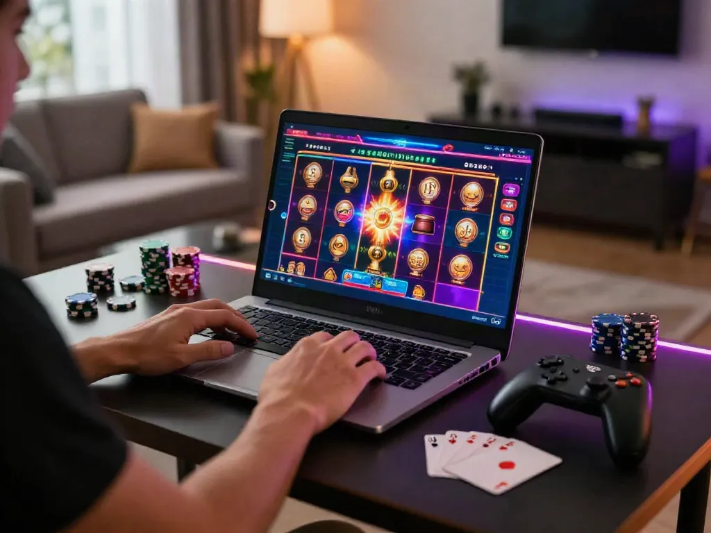 Exciting online casino gaming experience showcasing players at casinos not on gamstop uk in a cozy living room.