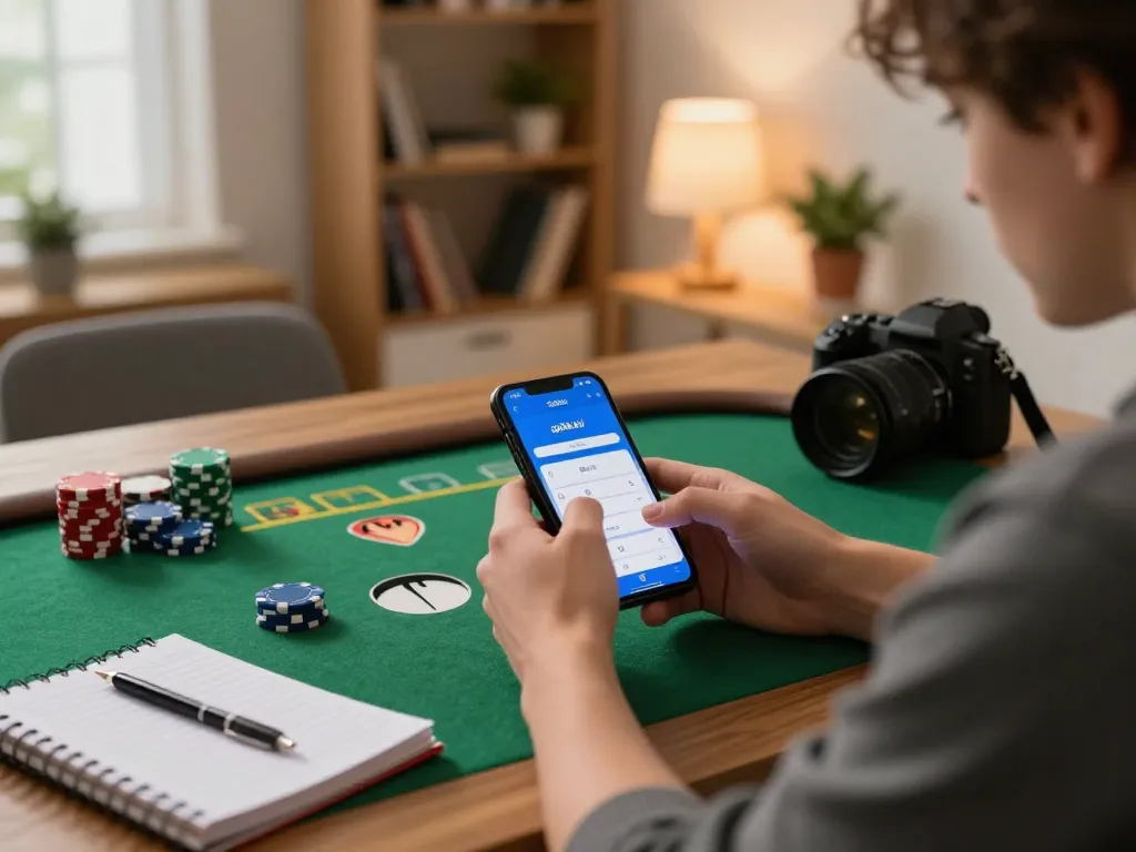 Player using the go88a.bid app on a smartphone for mobile gambling, surrounded by poker chips and strategy notes.