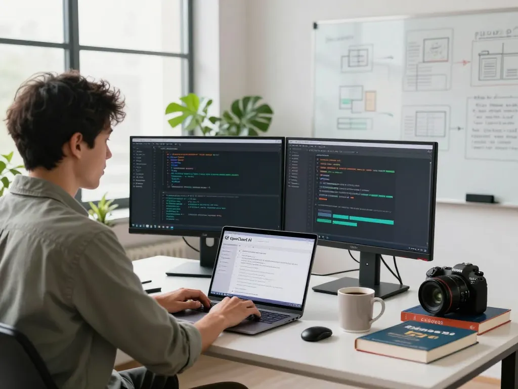 Developer using OpenClawd AI software in a modern workspace.