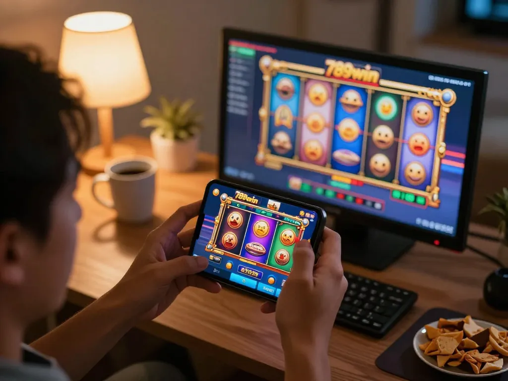 Engaged player exploring 789win casino app on smartphone, enjoying an exciting online gaming experience.