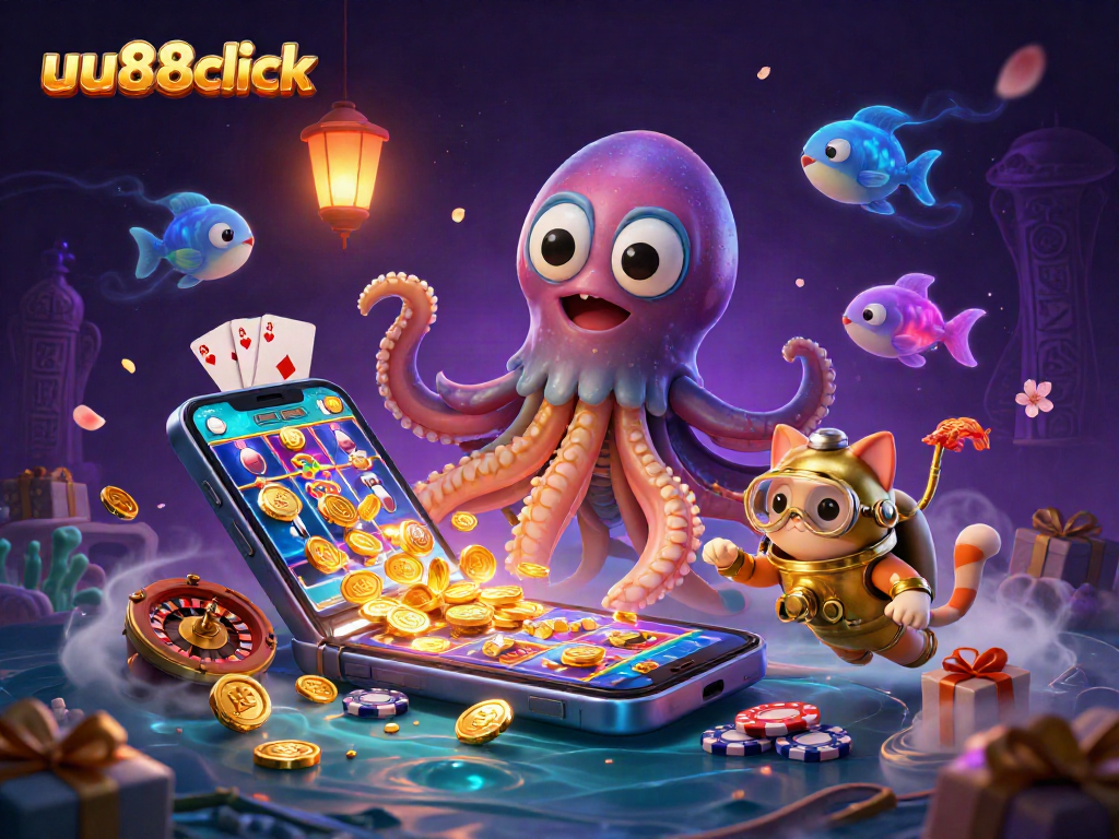 Experience thrilling gameplay with uu88click's kraken-themed 3D casino illustration showcasing dynamic slot elements.