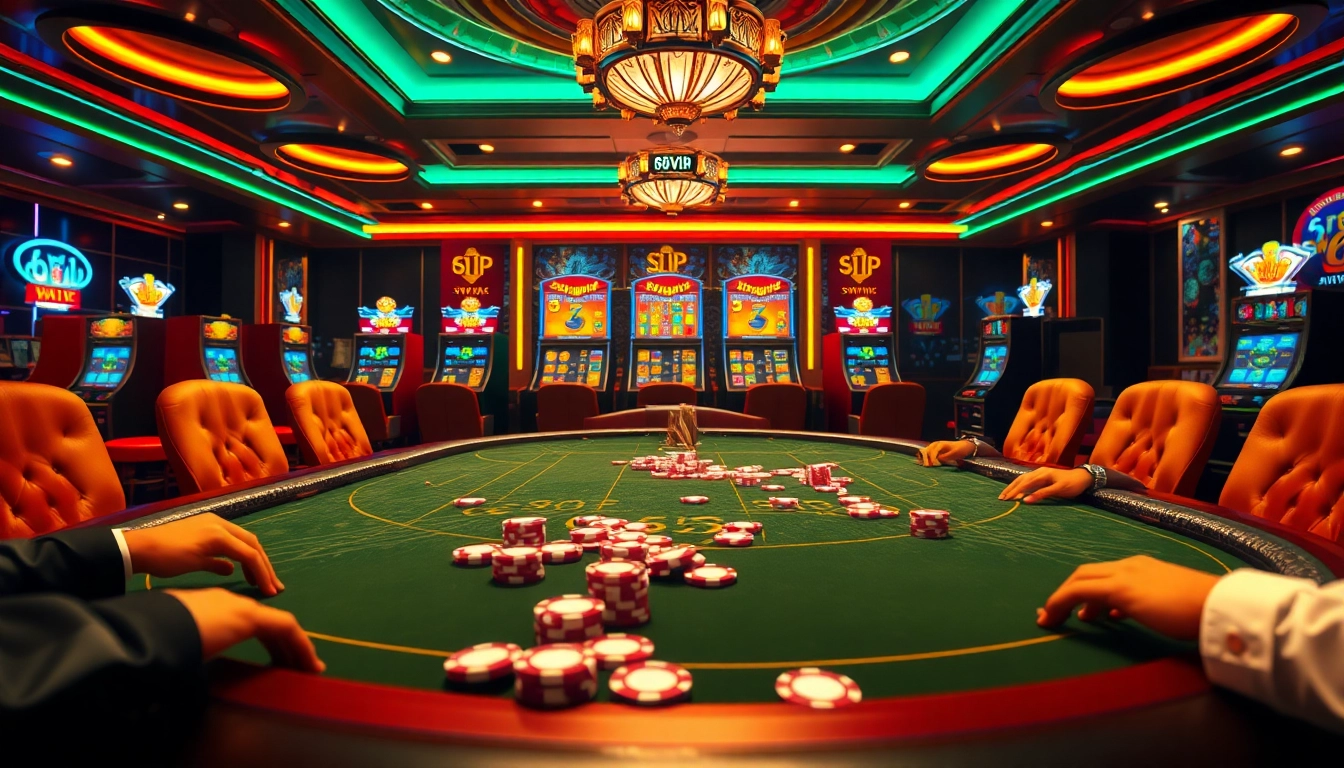 Experience thrilling gameplay with 68VIP at a luxurious casino poker table and vibrant slot machines.