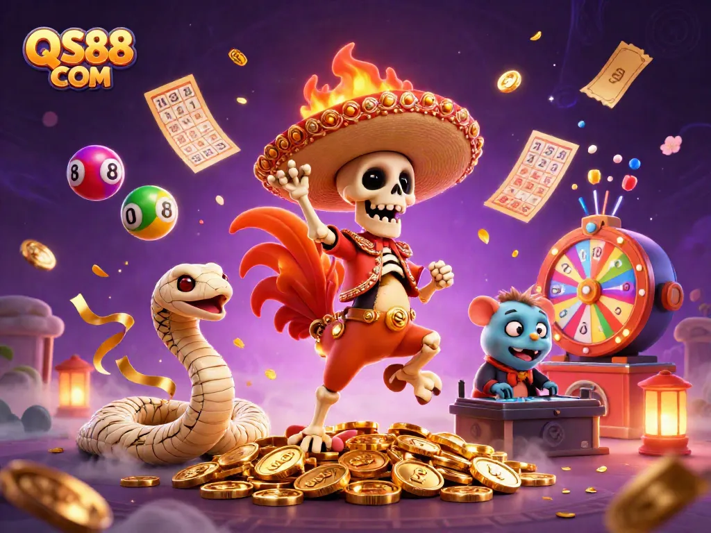 Experience the excitement of QS88 COM with vibrant casino-themed characters and dynamic gaming elements