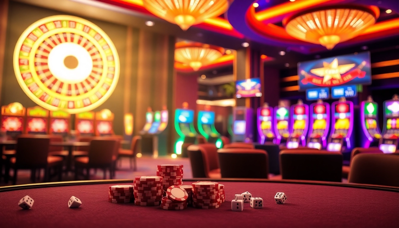 Gamble at km1888b with vibrant casino tables, poker chips, and slot machines.