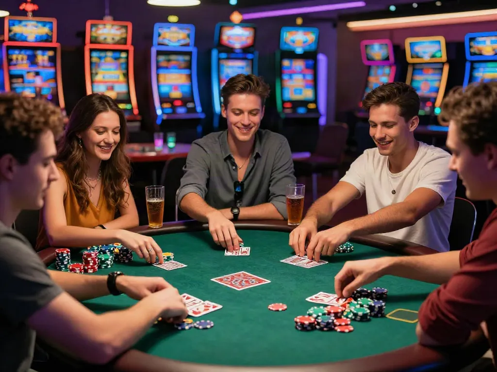 Casinos not on Gamstop UK: Friends enjoying a vibrant poker game in a lively casino atmosphere.