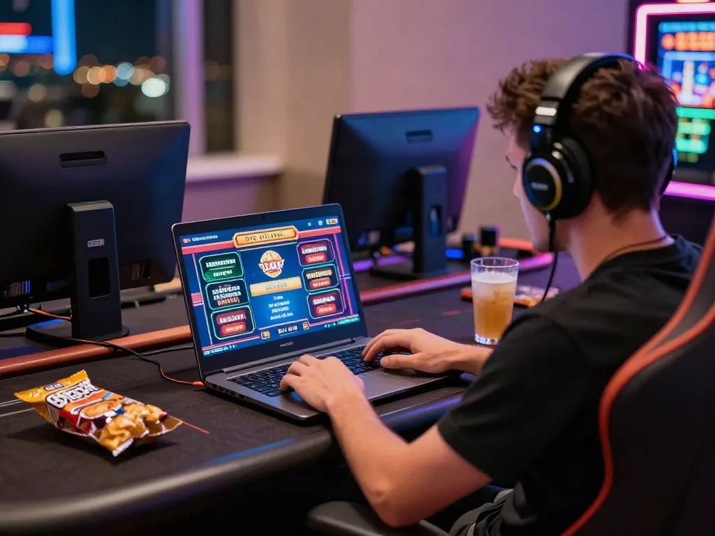 Engaged player at a non-GamStop casino enjoying online games in a colorful, immersive atmosphere.