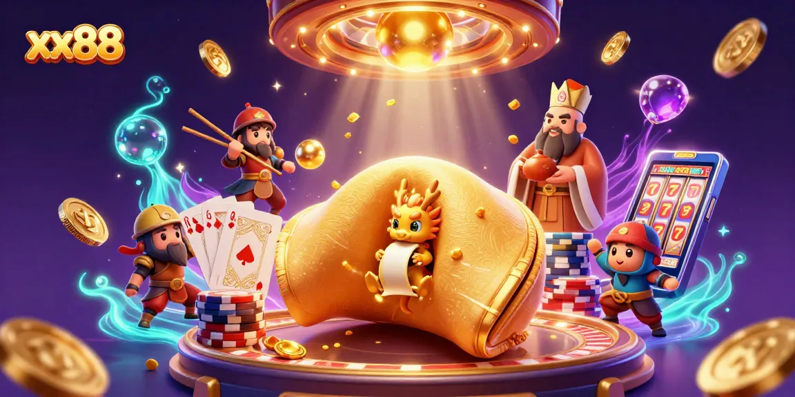 Engage in the thrilling world of xx88 as golden coins, and casino vibes surround a wise dragon and fortune cookie.
