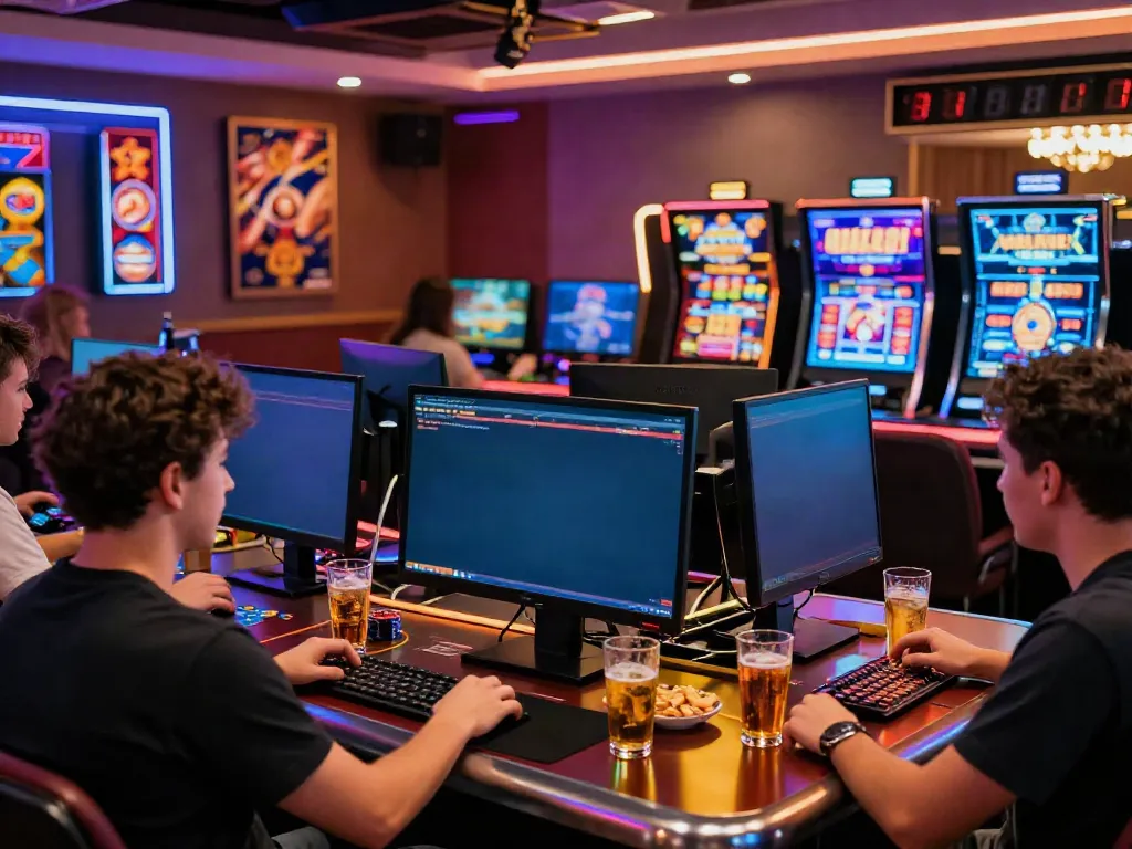Players enjoying dynamic online games at casinos not on Gamstop UK, vibrant atmosphere with neon lights.
