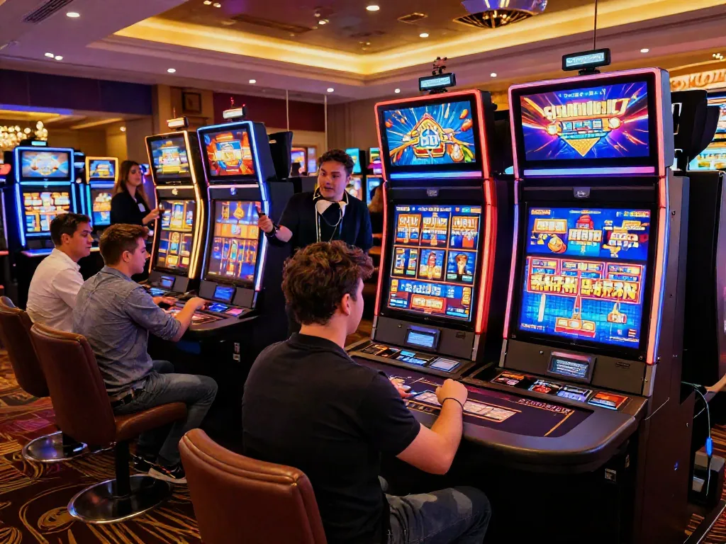 Dynamic casino gaming scene highlighting casinos not on gamstop uk with players at slot machines.