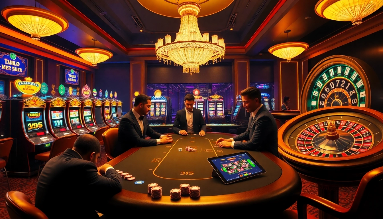Players at a poker table in a glamorous casino atmosphere at 88ii88.com, showcasing vibrant slot machines and a roulette wheel.