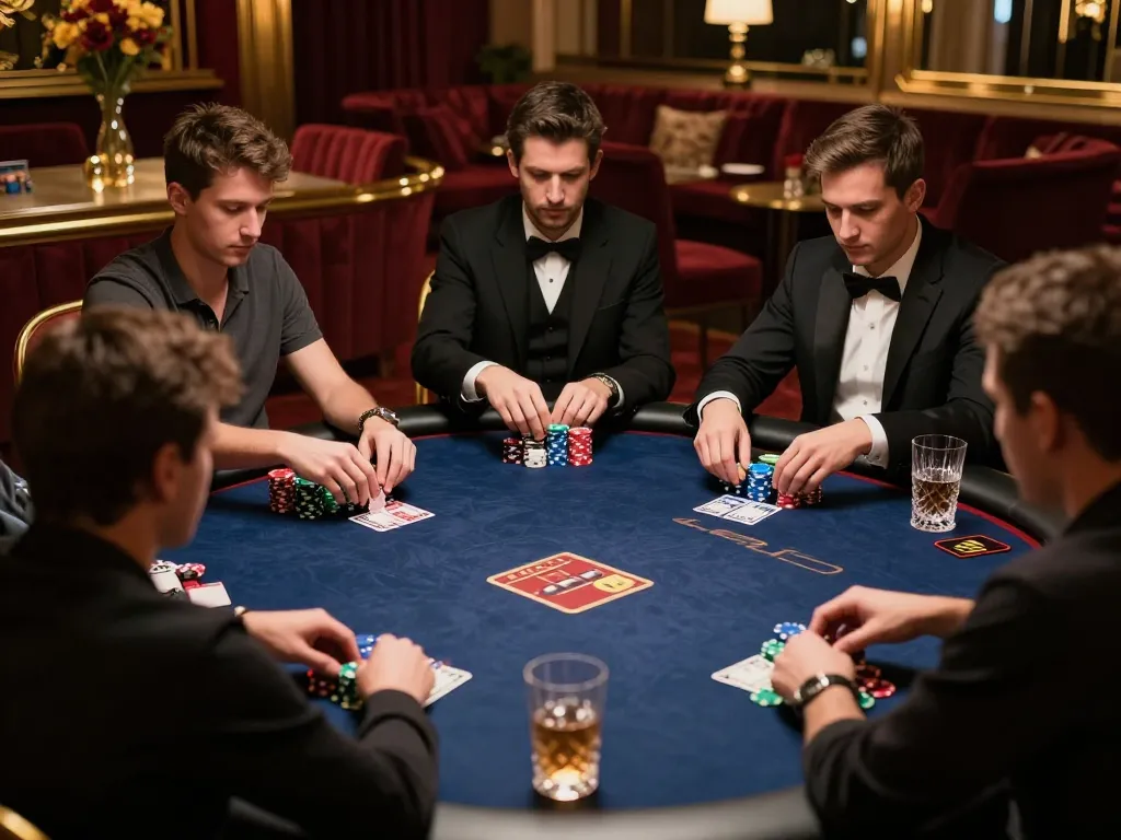 Experience strategic gameplay at gamebaidoithuong8 in a luxurious poker room with focused players and vibrant chips.