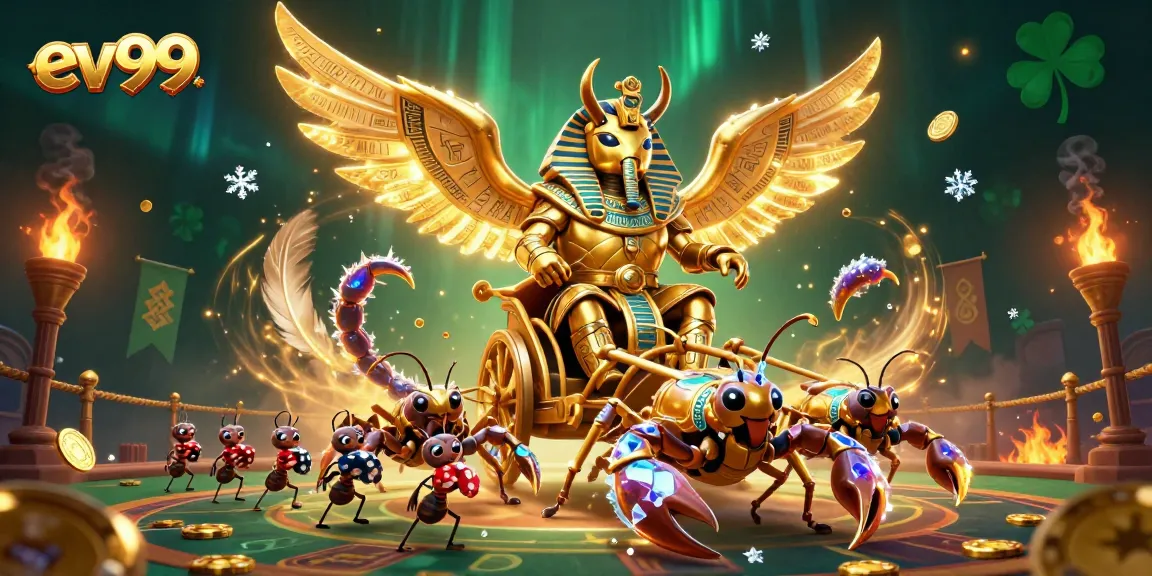 Bet big with ev99, featuring a colossal golden scarab beetle in a dynamic sports betting arena.