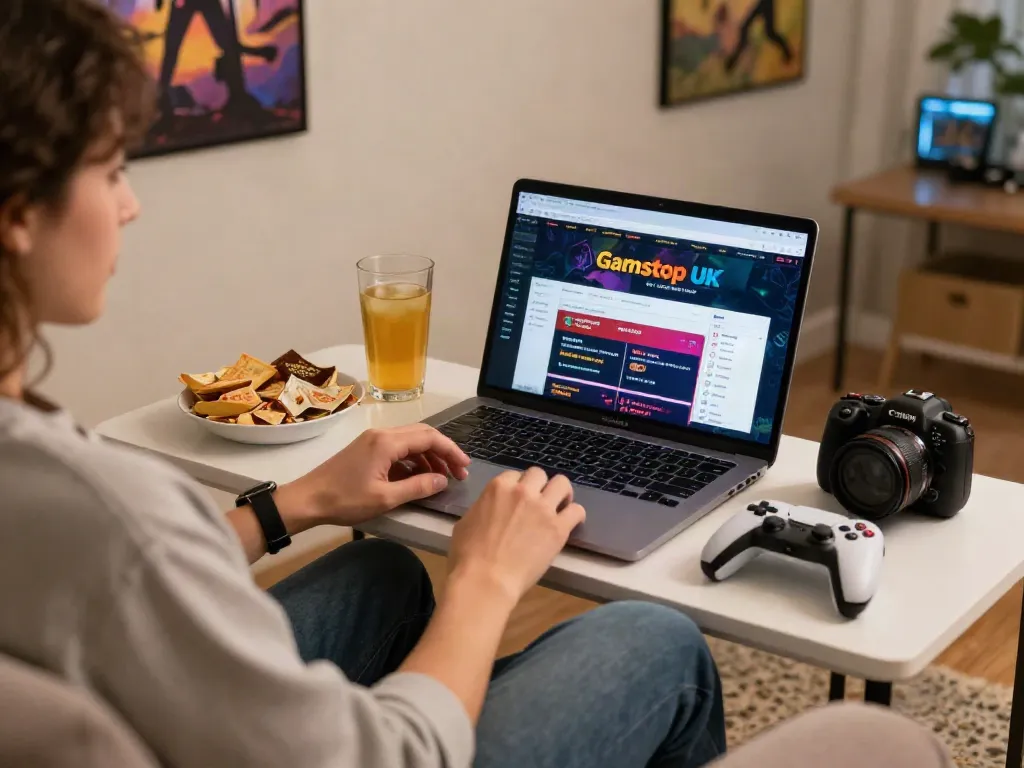 Inviting home gaming scene with person exploring casinos not on Gamstop UK websites on their laptop.
