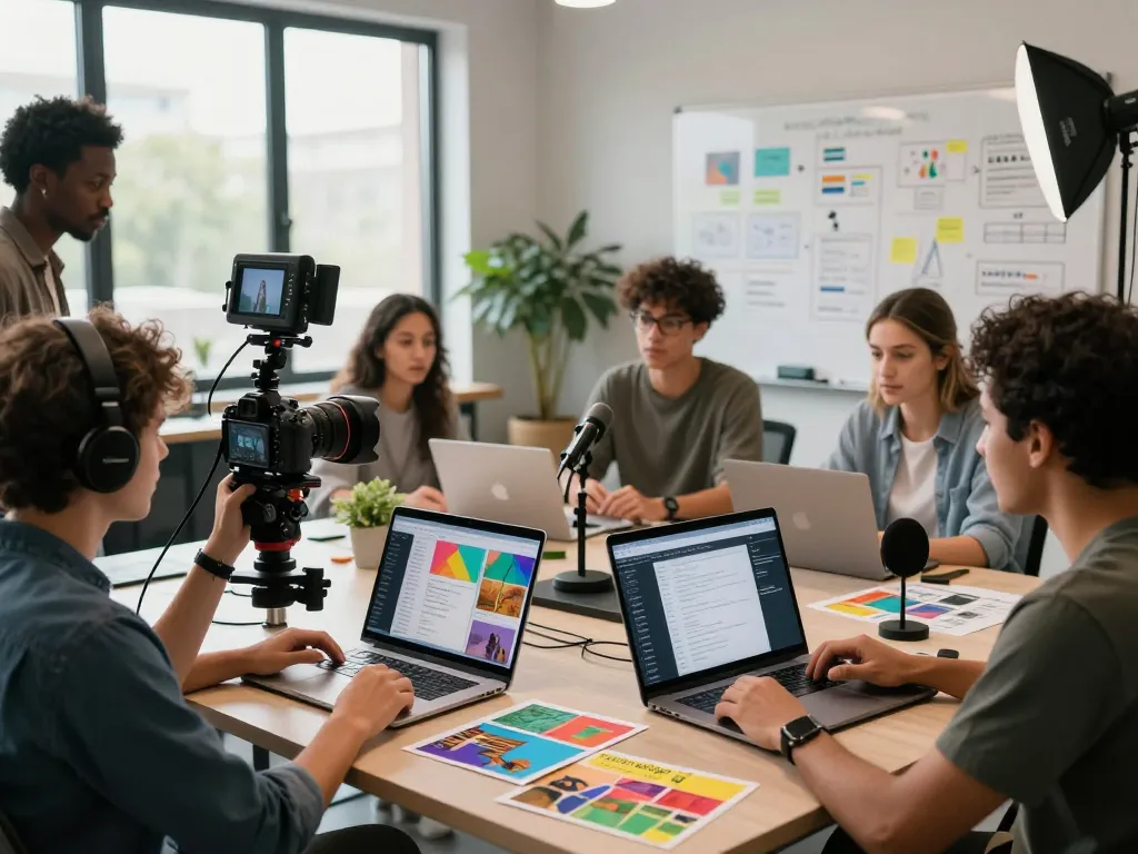 Seedance AI video production team collaborating on innovative projects in a vibrant workspace.