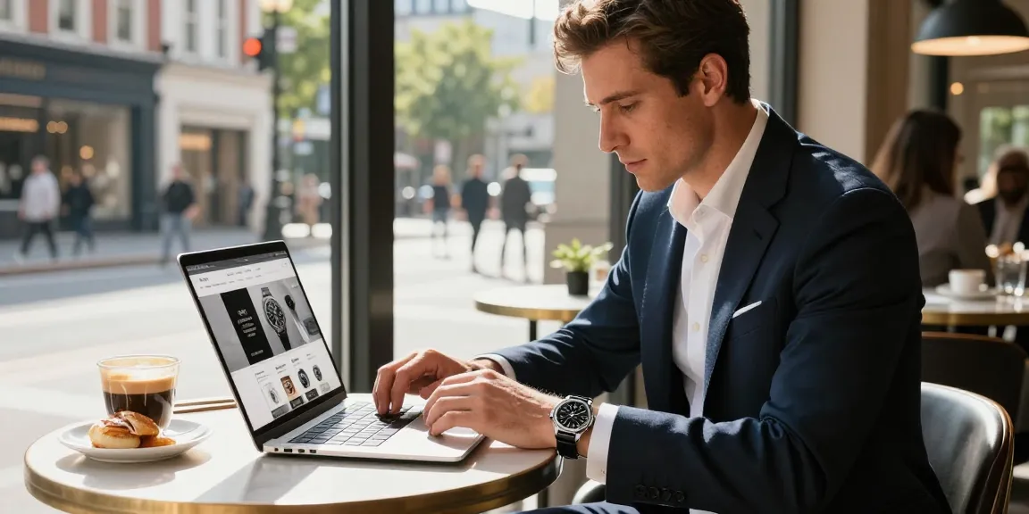 Man elegantly showcasing a replica watch at a cafe, emphasizing style and sophistication.