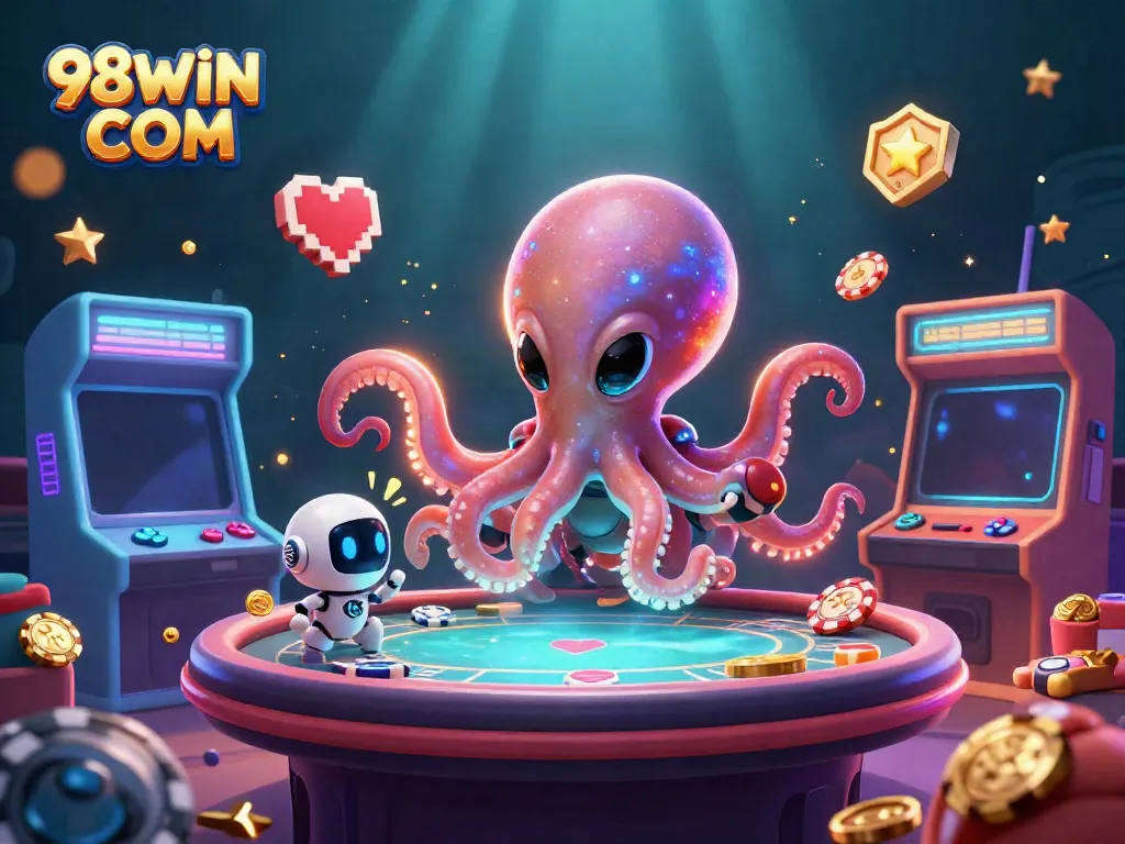Experience the dynamic gameplay of 98WIN COM with an alien octopus at a poker table surrounded by exciting game elements.