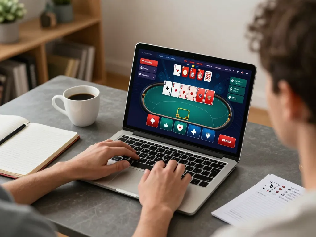 Player engaging with Bay789 poker game on a laptop, showcasing strategic gameplay and cozy home atmosphere.